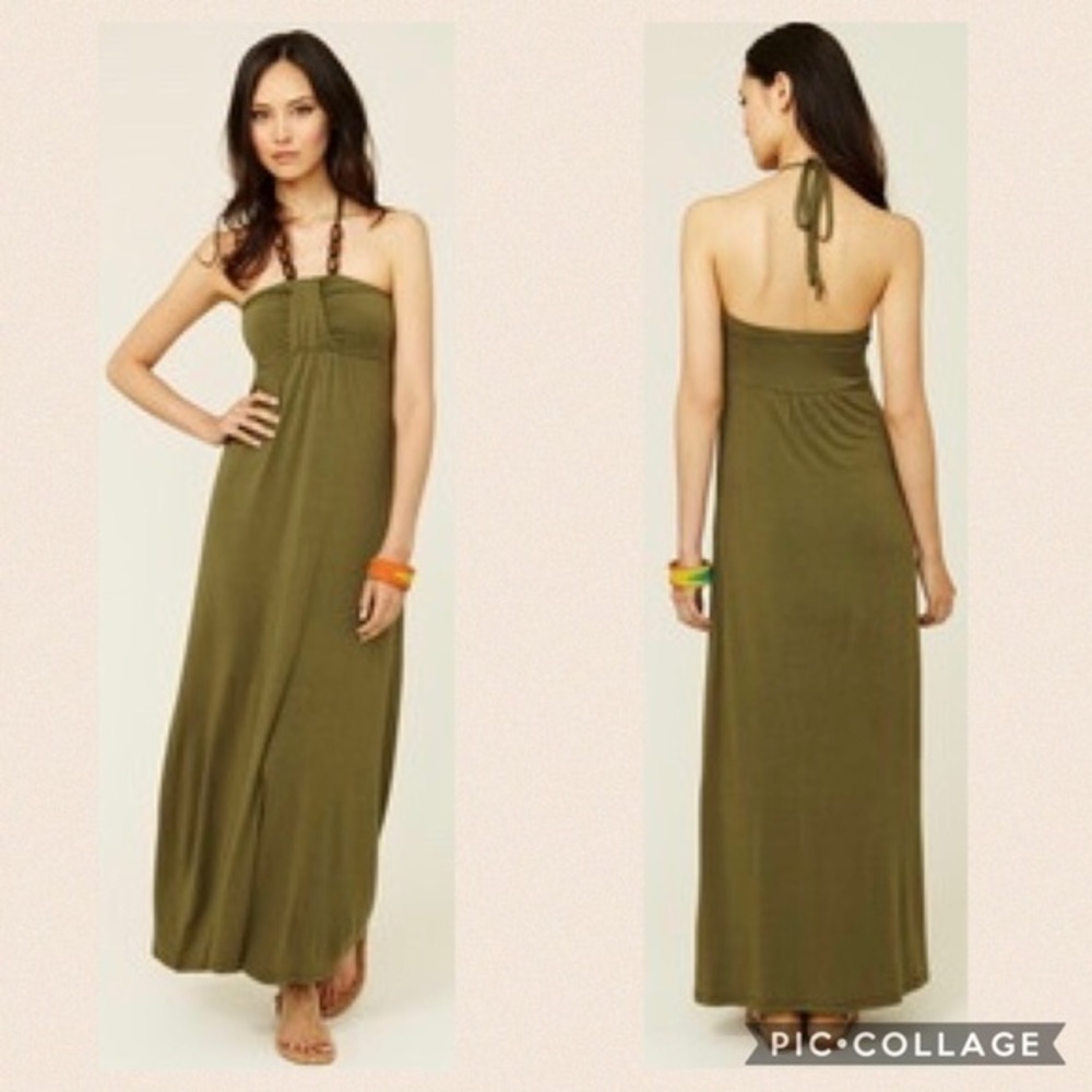 𝅺design History jersey knit beaded halter maxi in olive green